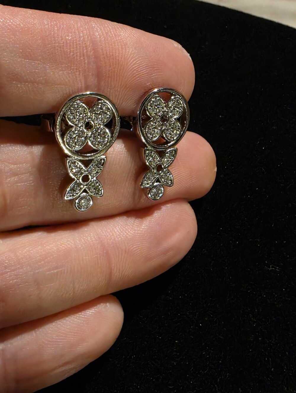 USED...LV Silver With Crystals Floral Drop Stud Earrings - Women Jewelry - Picture 5 of 9